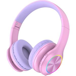 imageKids Bluetooth 60 Headphones with LED Light 85Hours Playtimes TypeC Fast Charging 8594dB Volume Limited Comfort Wireless Headphones with Builtin mic Wired ampamp TF Card Mode BluePink