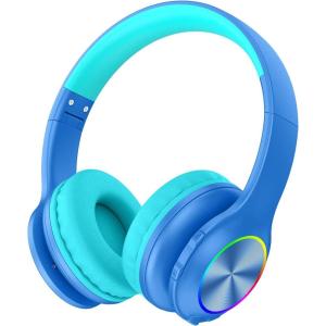 imageKids Bluetooth 60 Headphones with LED Light 85Hours Playtimes TypeC Fast Charging 8594dB Volume Limited Comfort Wireless Headphones with Builtin mic Wired ampamp TF Card Mode BlueBlue