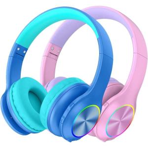 imageKids Bluetooth 60 Headphones with LED Light 85Hours Playtimes TypeC Fast Charging 8594dB Volume Limited Comfort Wireless Headphones with Builtin mic Wired ampamp TF Card Mode BlueBlue  Pink