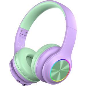 imageKids Bluetooth 60 Headphones with LED Light 85Hours Playtimes TypeC Fast Charging 8594dB Volume Limited Comfort Wireless Headphones with Builtin mic Wired ampamp TF Card Mode BlueGreen and Purple