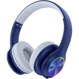 imageKids Bluetooth 60 Headphones with LED Light 85Hours Playtimes TypeC Fast Charging 8594dB Volume Limited Comfort Wireless Headphones with Builtin mic Wired ampamp TF Card Mode BlueNavy Blue
